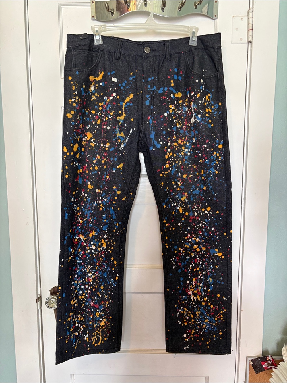 Sacred Crown Men’s Black Paint-Splatter Straight Jeans Size 38